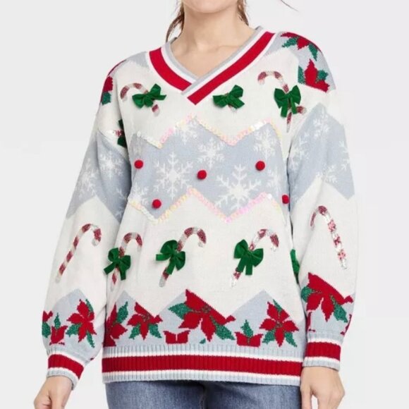 NEW 33 Degrees Women’s Christmas Holiday Sweater Size XXL V Neck Sequins - Picture 1 of 13